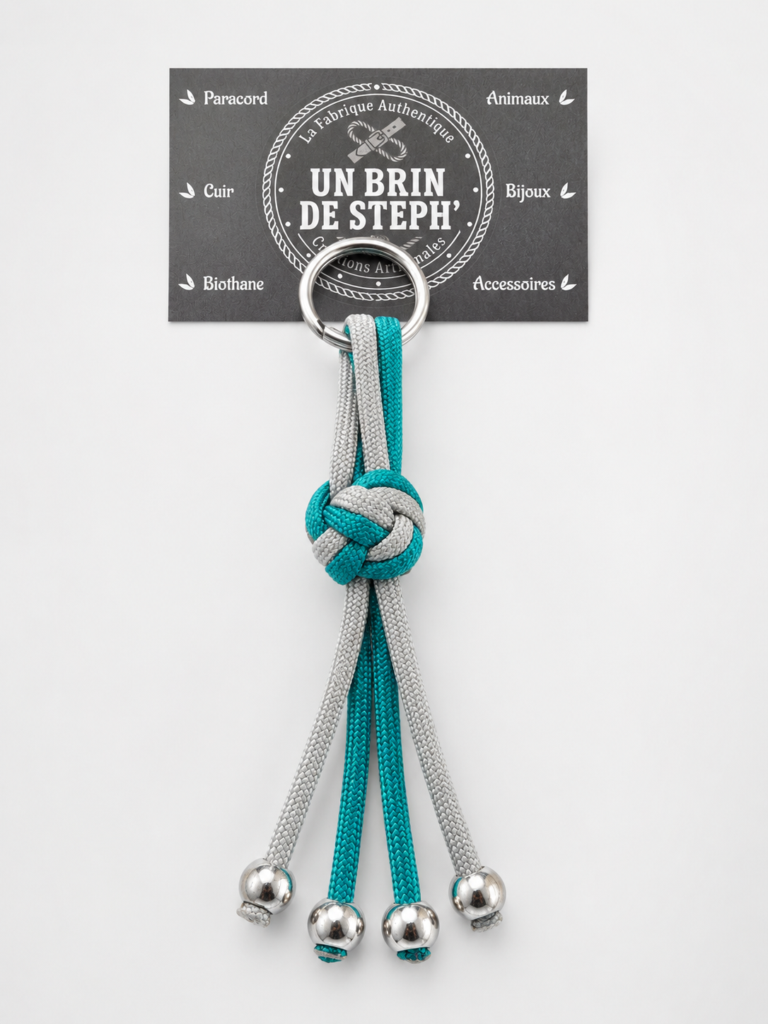 PORTE-CLÉS BOULE SANS TRESSAGE BLEU PETROLE ET GRIS