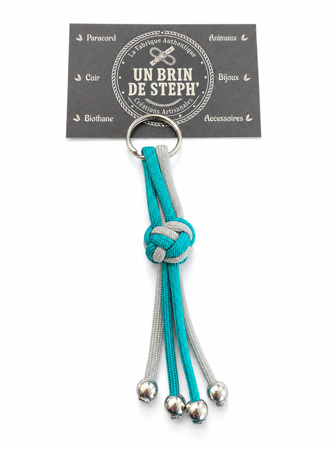 PORTE-CLÉS BOULE SANS TRESSAGE BLEU PETROLE ET GRIS